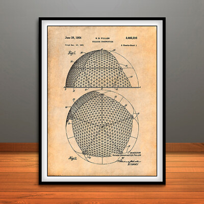 1954 Geodesic Dome Buckminster Fuller Patent Print Art Drawing Poster  