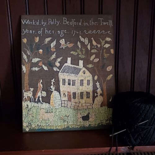PRIMITIVE VICTORIAN VINTAGE COLONIAL STYLE 1701 POLLY BEDFORD SAMPLER COPY SIGN - Picture 3 of 11