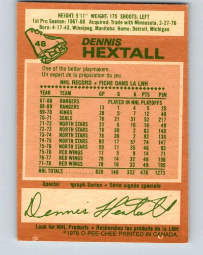 1978-79 O-Pee-Chee #48 Dennis Hextall Detroit Red Wings V21520 - Picture 2 of 2