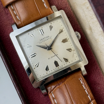 VINTAGE SQUARE CERTINA SWISS WATCH CLAMSHELL CASE AUTOMATIC