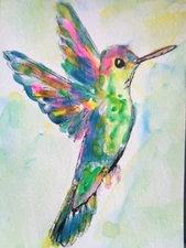 ATC  ACEO  -  Original  COLORFUL FLYING HUMMINGBIRD  Painting