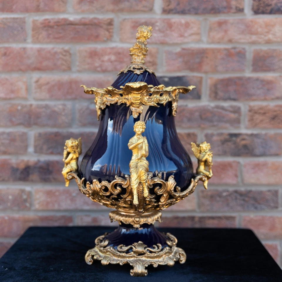 A Large Cobalt and Brass Gilded Continental Style Porcelain Vase 52cm Tall - Image 2 of 4