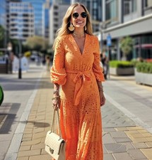 SALE!❤️ZARA NEW BELTED EYELET EMBROIDERED MIDI DRESS 100% COTTON ORANGE sz S