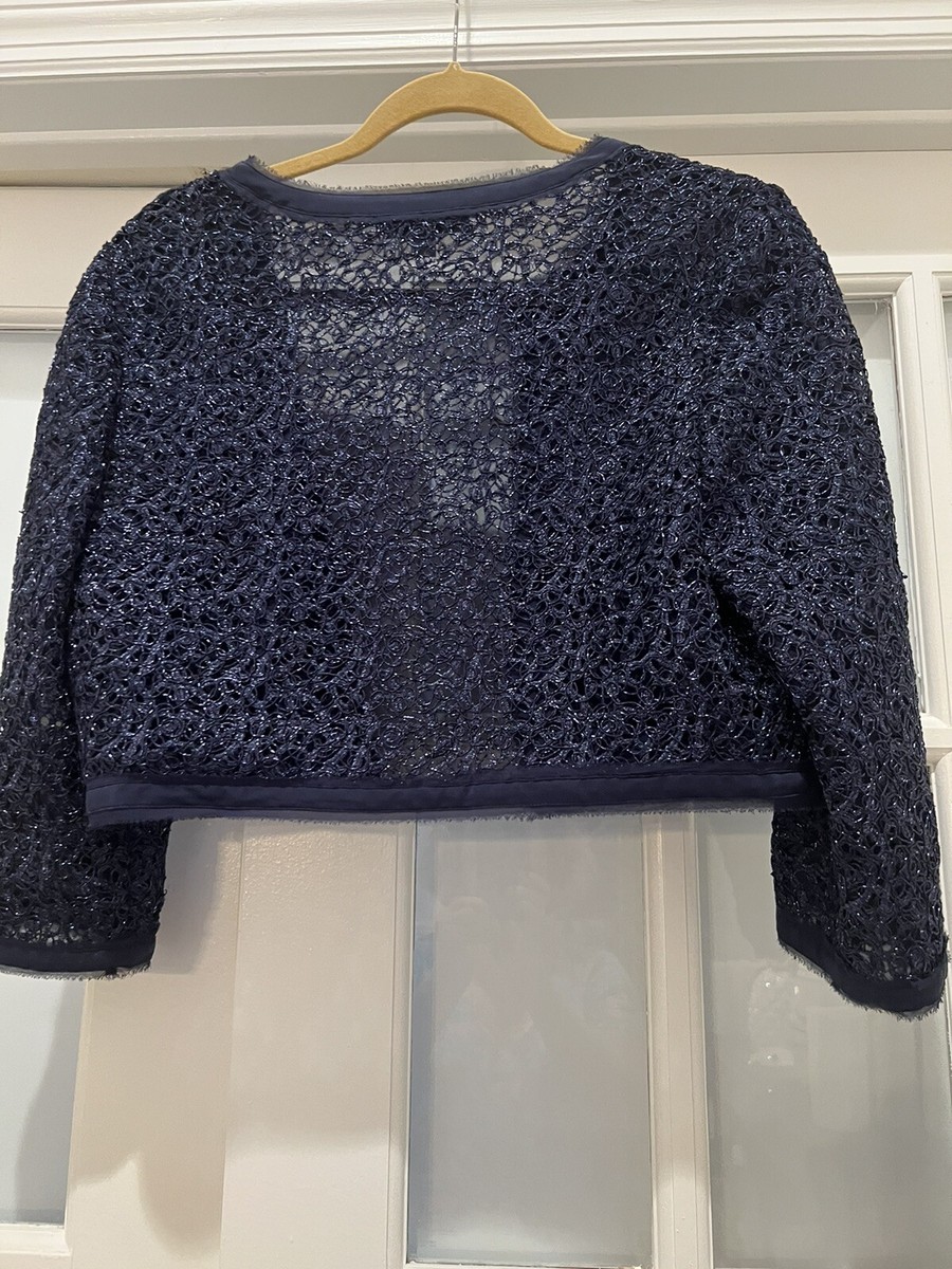 Kay Unger New York Women’s Navy Blue Confetti Lace Pewter Bolero Jacket  Size 12