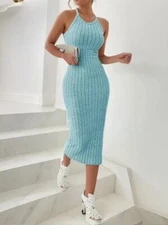 Solid Halter Neck Bodycon MidiDress High-end Temperament Vest Halter Dress Women