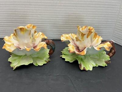 Italian Ceramic Yellow Roses Set 2 Candle Holders Hand Painted-Beautiful