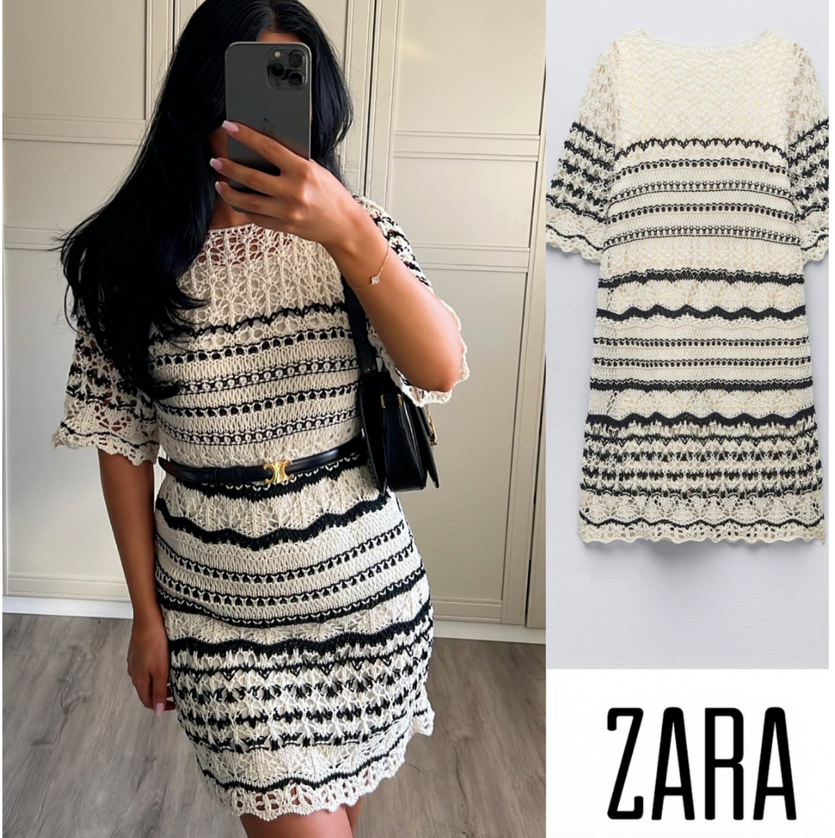 ZARA NEW SS23 CROCHET KNIT MINI DRESS RUFFLED Black WHITE ZARA NEW SS23 CROCHET KNIT MINI DRESS RUFFLED Black WHITE
