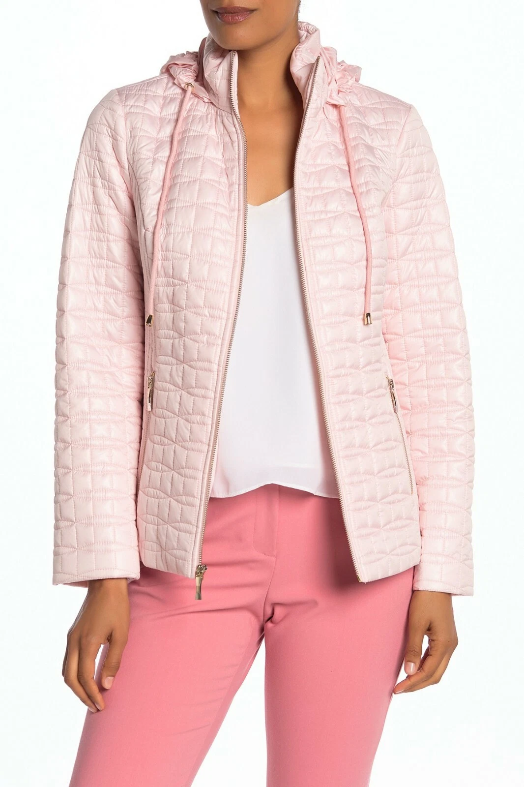 GIACCA CAPPOTTO CON CERNIERA DA DONNA KATE SPADE TRAPUNTATO CON CAPPUCCIO FODERATO ROSA PIOGGIA NUOVA CON ETICHETTE