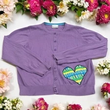Hanna Andersson Purple and Blue Embroidered Heart Button Cardigan Size 12