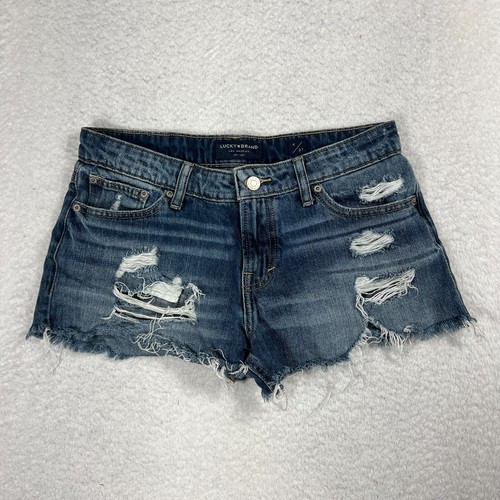 Lucky Brand The Cut Off Mid Rise Distressed Med Wash Denim Shorts Sz 4/27 W29.5