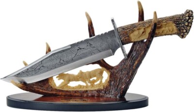 Bowie Fixed Knife 9¼'' Stainless Blade Faux Stag Handle Resin Antler Wolf Art