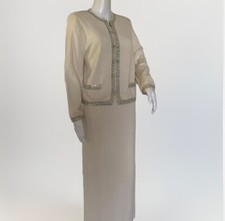 ST JOHN 2 Pc Skirt Jacket Suit Set Size 8 VINTAGE Cream Rhinestones Zip Front