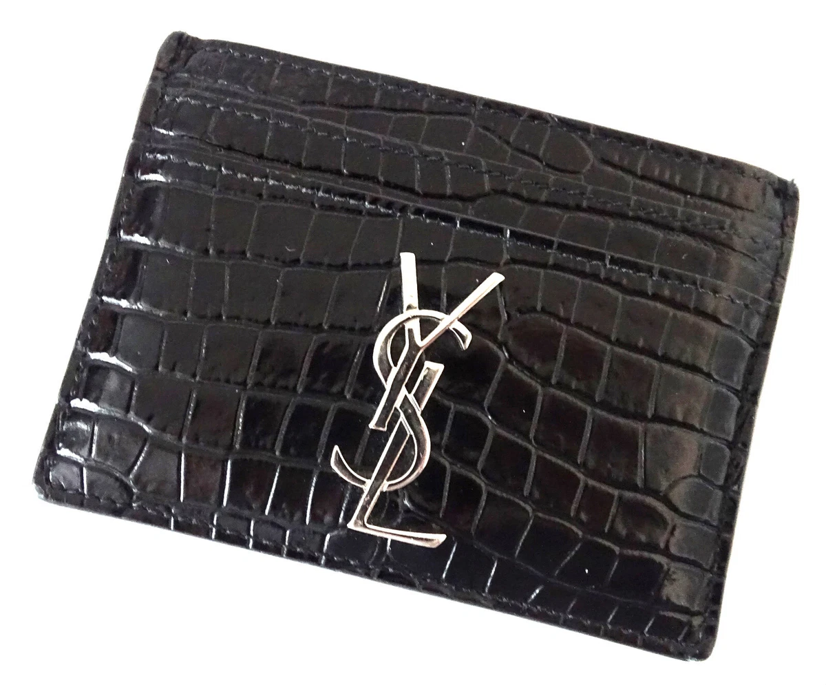 Saint Laurent Cassandre Silver YSL Logo Black Crocodile Leather Card Case  Holder