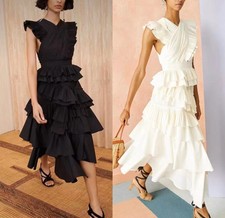NEW ULLA JOHNSON Ruffle Sleeveless V-neck Midi Dress Black/White
