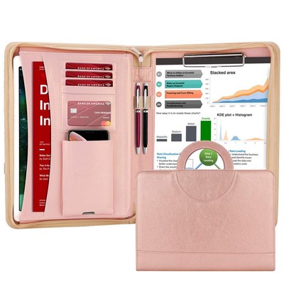 Zippered Leather Padfolio Portfolio with Hidden Handle and Clipboard, Busines...