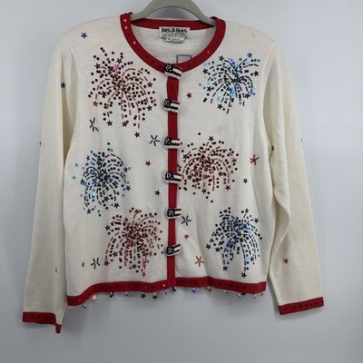 VTG Jack B Quick Cardigan Sweater Women s M Patriotic USA Fireworks Bead Buttons