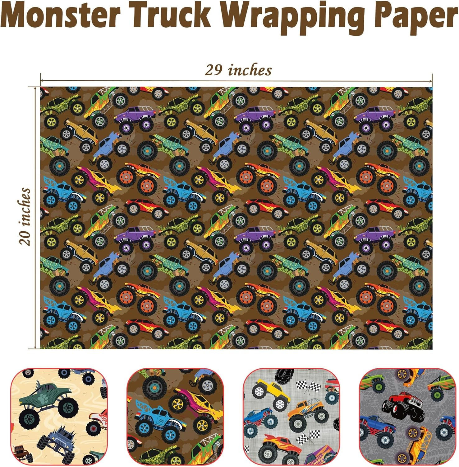 Monster Trucks Wrapping Paper for Kids Birthday Baby Shower - Gift Wrap with Mon