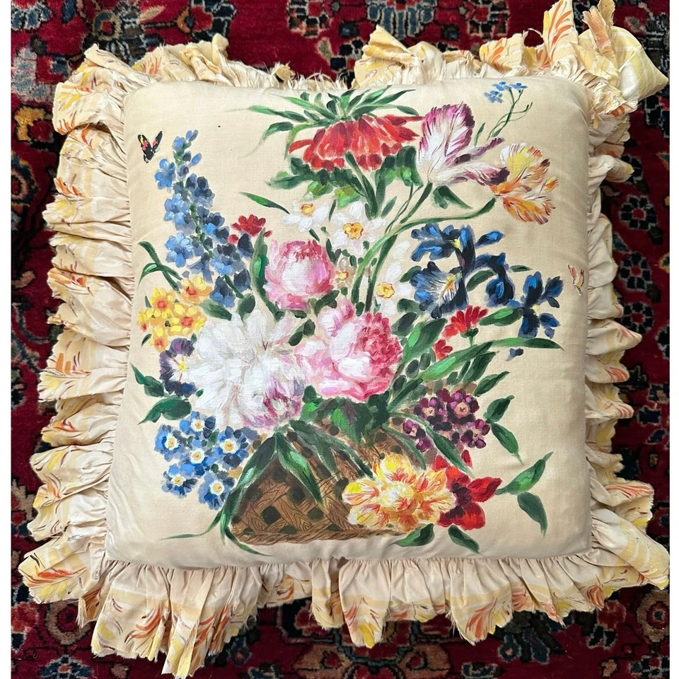 "Almohada victoriana de seda vintage pintada a mano con volantes amarilla relleno de plumón 22"" LEER Foto 2 de 4