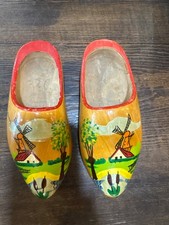 Vintage Dutch Wooden Clogs Carved Hand Painted Shoes Holland Used
