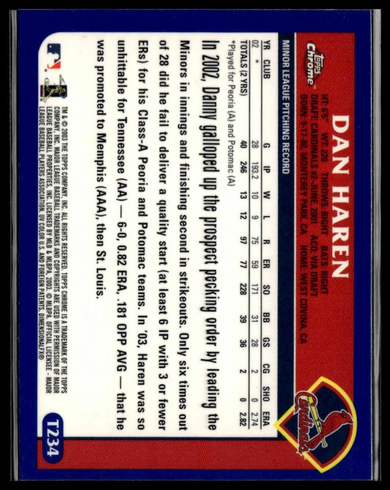 2003 Topps Traded & Rookies #T234 Dan Haren Chrome - Image 2 of 2