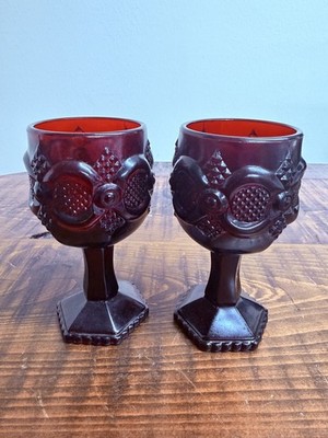 Vintage Avon 1876 Cape Cod Ruby Red Wine Goblets Set of 2 Pressed Glass