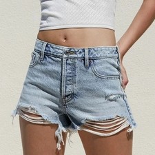 PacSun Womens 26 High Rise Distressed Mom Denim Shorts Light Wash Raw Hem