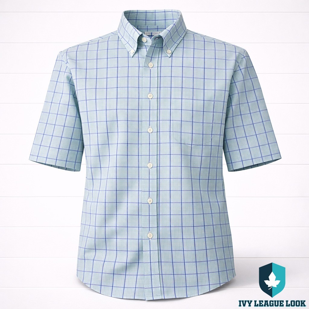 Brooks Brothers 346 Blue Check Short Sleeve Shirt Non-Iron Mens M
