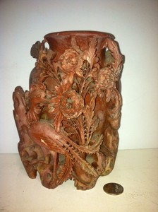 Vintage Ornately Carved Soapstone Vase Birds & Floral Beautiful