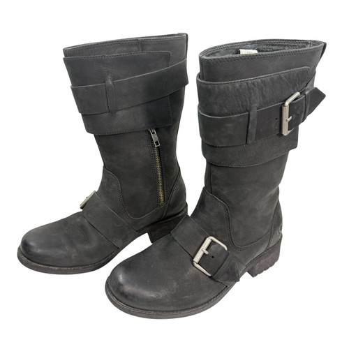 Stivali da motociclista UGG Australia CHANCEY alti neri in pelle con fibbia foderati in lana taglia 7