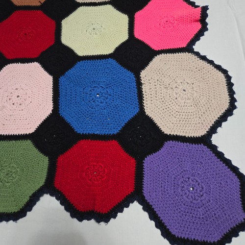 Handmade Crochet Afghan Blanket 64x40 Black Border Octagon Multicolor Retro Vibe - Picture 15 of 17