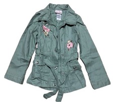 Little Lass Green Jacket Girls Size 6 Zip  Button Flowers belted EASTER CUTE
