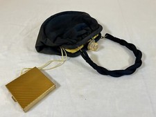 Vintage Black Velvet Clutch Kiss Lock Handbag Purse W/Mirror Weave Handle 1950