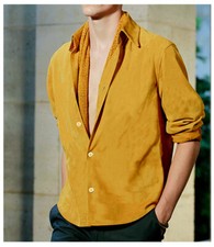 Mens Fashion Suede Long Sleeve Tops Shirts Slim Fit Button Front Casual Blouse
