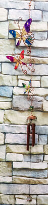 Ebros Gift Stained Glass Three Butterflies Copper Metal Wind Chime 40''Long Decor
