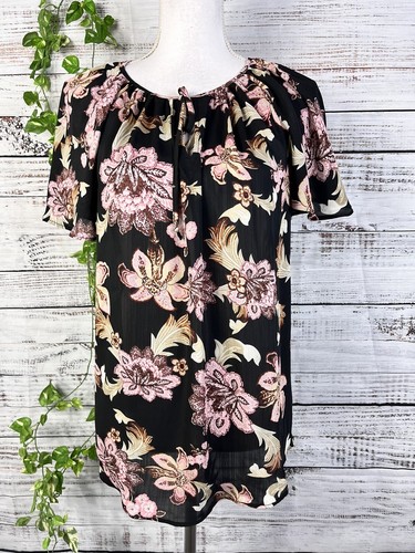 Philosophy Blouse Size Small Black Pink Floral Tropical Hawaiian Cottage Core - Picture 2 of 11