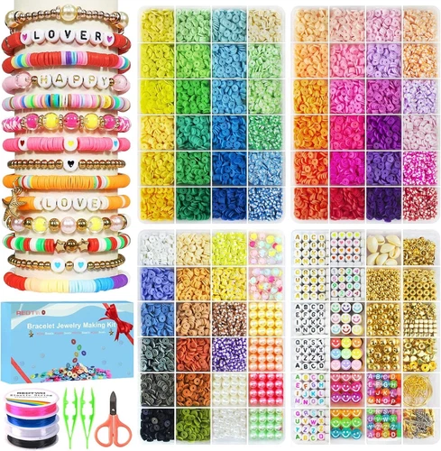 18000 Pcs Clay Beads Bracelet Making Kit, 4 Boxes 64 Colors Flat Polymer Heishi