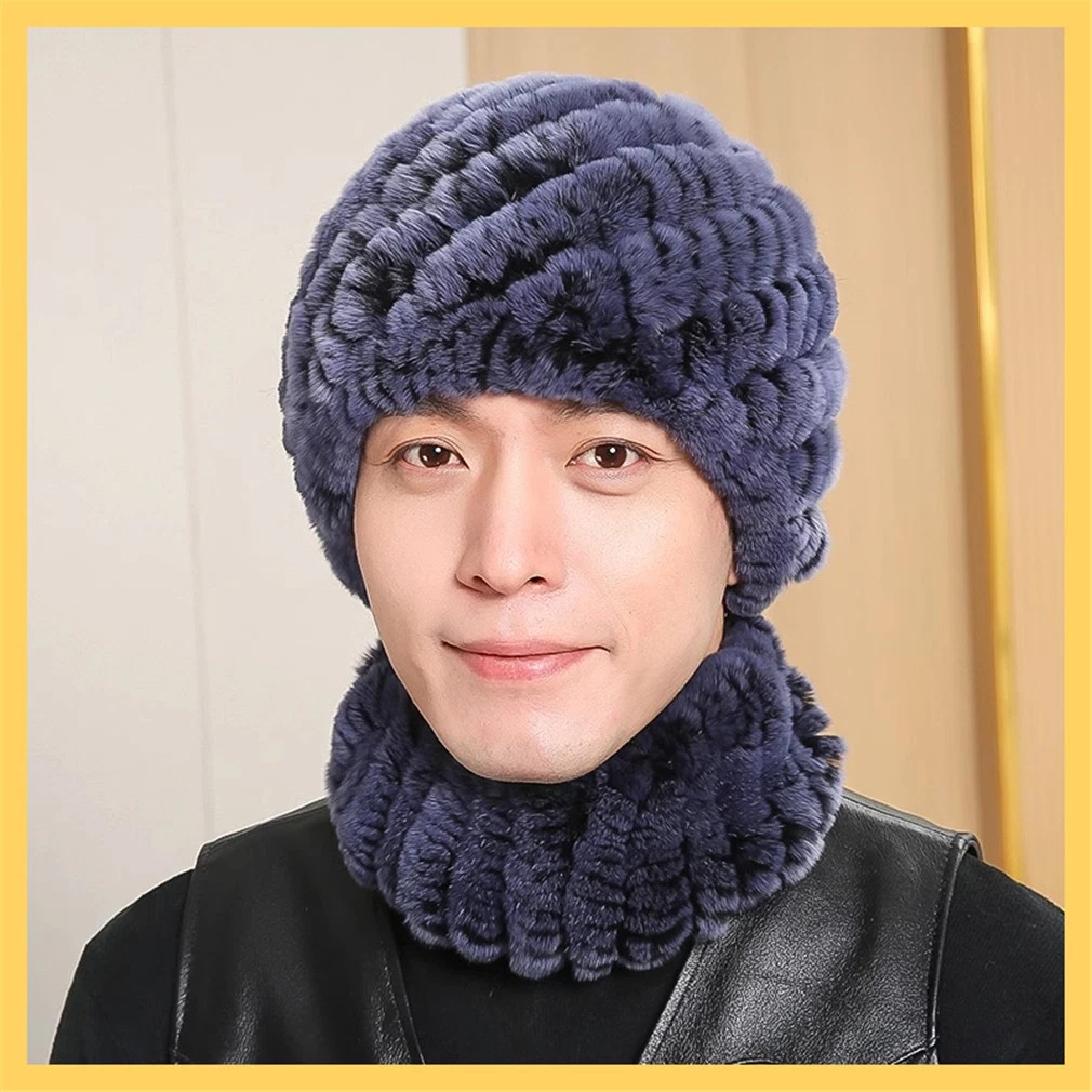 100% Real Rabbit Fur Hat and Scarf Thicken Winter Warm Knitted Cap for Men