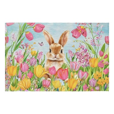 Easter Area Rug Rabbit Door Mat Spring Tulip Flower Entry Way Rug Non-Slip Ru...