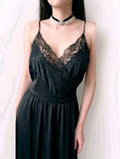 Vintage Black Nylon Nightgown Long Slip Dress Lace Eyelet Embroidery USA Size L