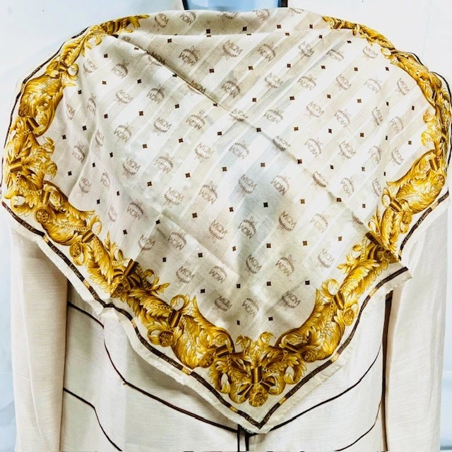 Nuevo Hombre/Mujer MCM Mini Bufanda/Manejador Algodón/Seda Blanco Beige Dorado 19" (Último 1) Foto 2 de 4