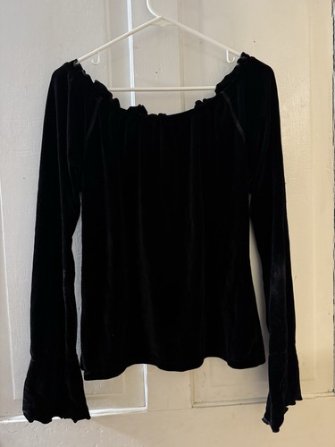 Ironic Black Velvet Off Shoulder Top M Bell Sleeves Ruffle Neck Y2K Goth Boho - Picture 3 of 3