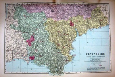 Original Old Antique Print Map 1884 Devonshire England Torquay Exmouth Plymouth