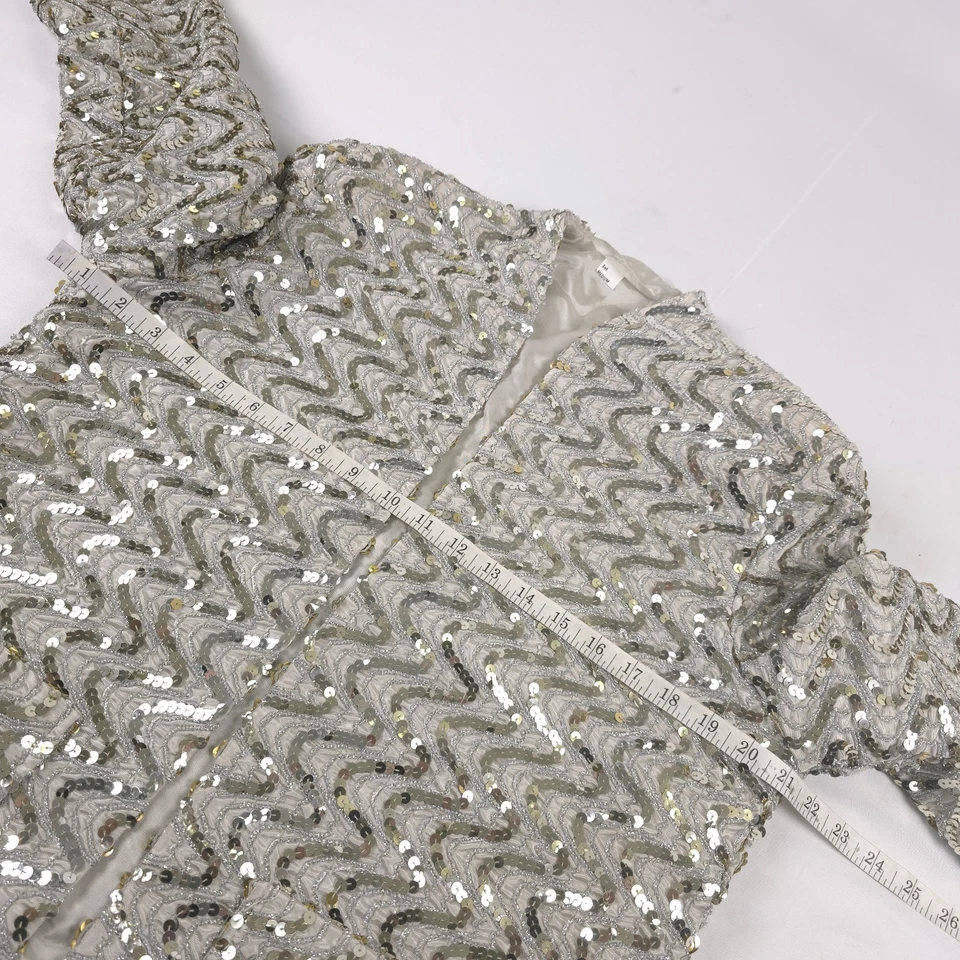 Chaqueta de Noche Vintage Años 80 Miss H MEDIANA Unión Hecha a Mano Lentejuelas Frente Abierto Plateada Foto 3 de 4