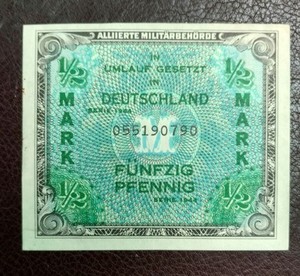 1944 P-191a WWII Allied Military Currency Unc Gemany 1//2 Mark