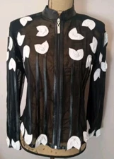 Echt Leder Women Sheer Mesh Floral Leather Patch Corset Style Jacket Size M