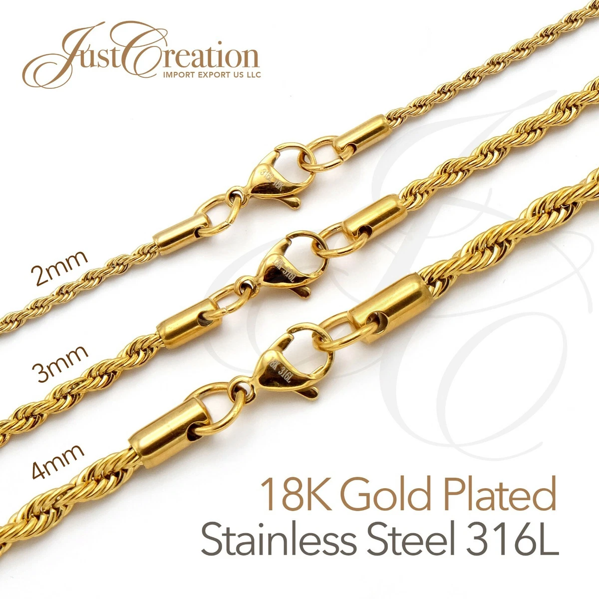 Gold Plated 18K Stainless Steel 316L 2mm 3mm 4mm Rope Chain Necklace 14in 30in