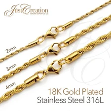 Gold Plated 18K, Stainless Steel 316L 2mm 3mm 4mm Rope Chain Necklace 14in-30in