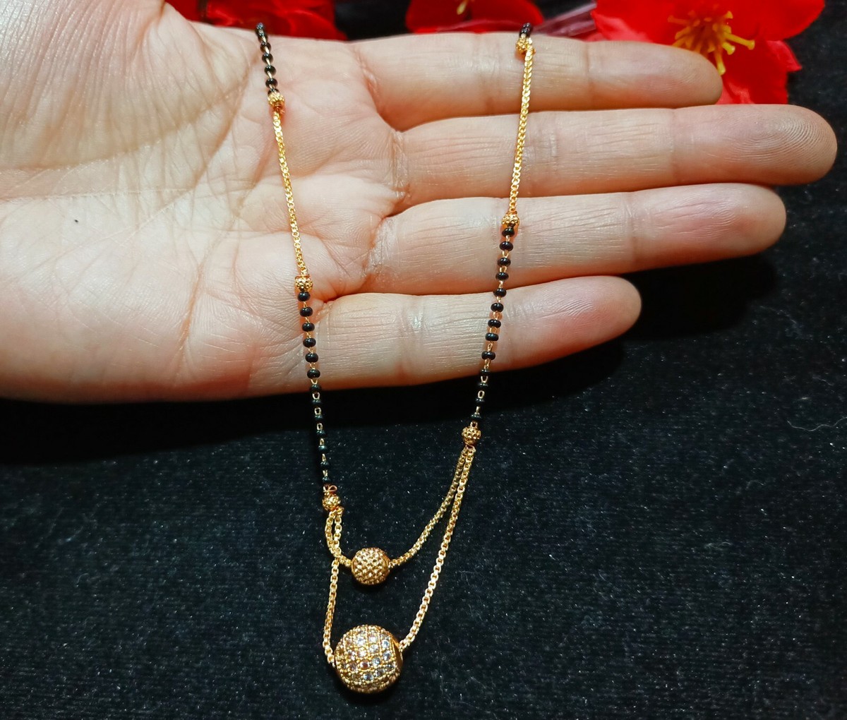 Indian CZ Wedding Necklace Mangalsutra Black Beads Gold Plated