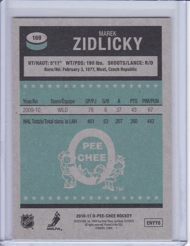 Marek Zidlicky 2010 O-Pee-Chee Retro Hockey Card 169 - Image 2 of 2