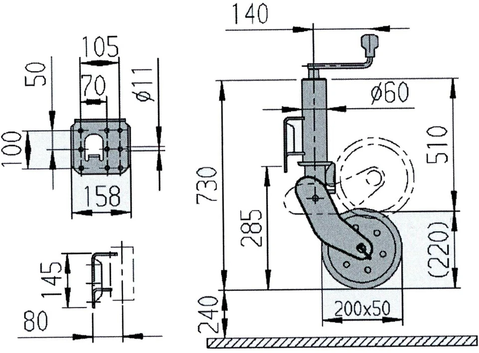 AL-KO Automatik Schwerlast Stützrad für Pkw Anhänger 200x50mm 500kg 1212382 - Bild 2 von 2
